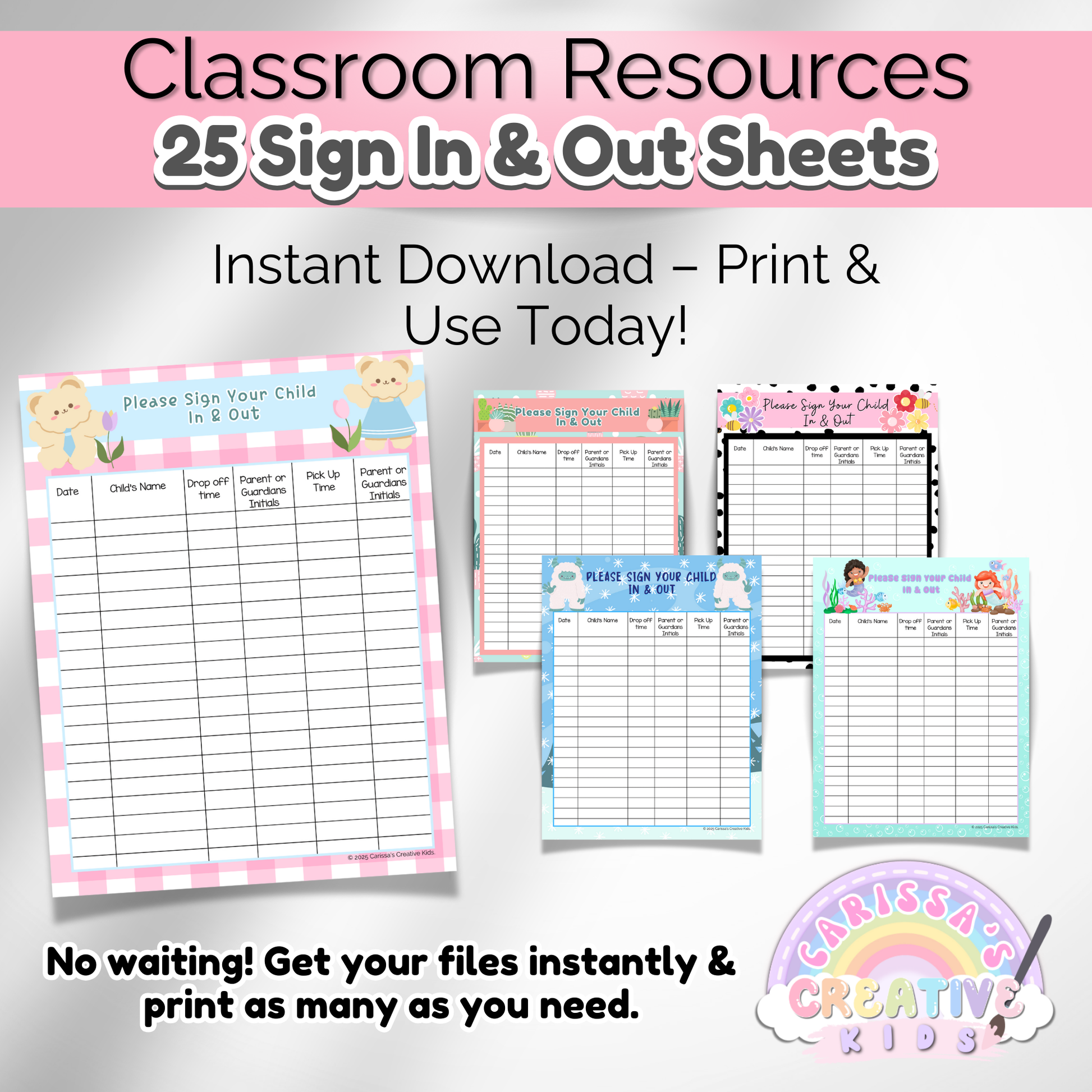 A selection of 5 different sign-in sheets from the set, displayed in a neat layout. Each sheet features creative illustrations and well-organized spaces for easy drop-off and pick-up tracking.