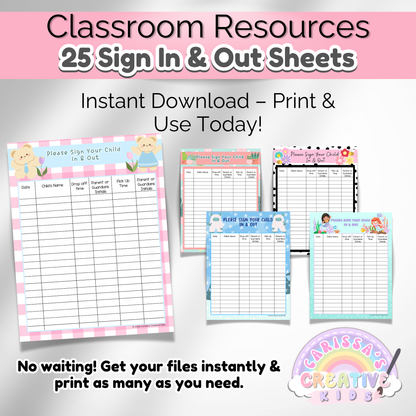 A selection of 5 different sign-in sheets from the set, displayed in a neat layout. Each sheet features creative illustrations and well-organized spaces for easy drop-off and pick-up tracking.