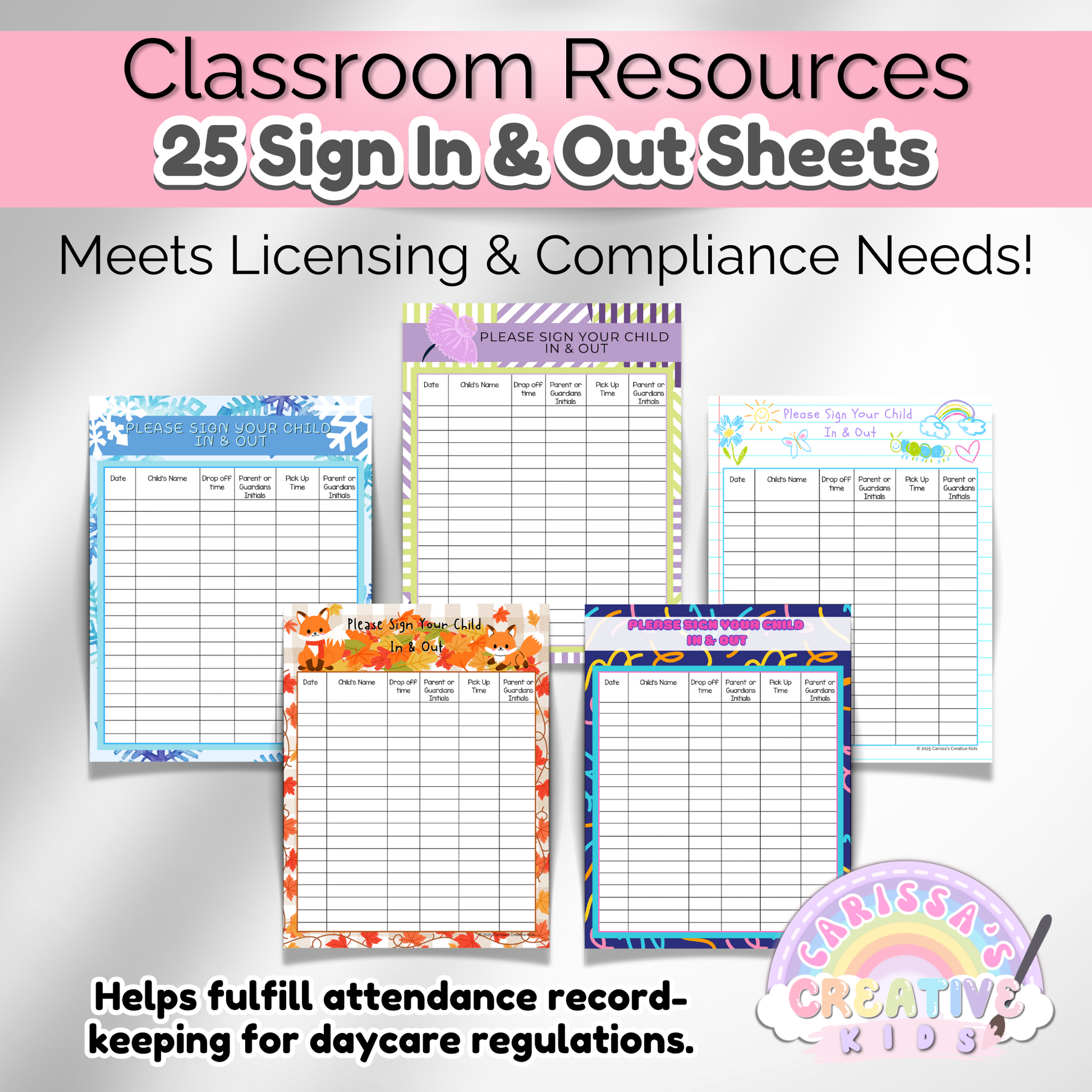 Five daycare sign-in sheets with various fun themes, including space, sports, and cute animals. Each sheet is designed to be engaging for kids while providing essential attendance tracking for childcare providers.