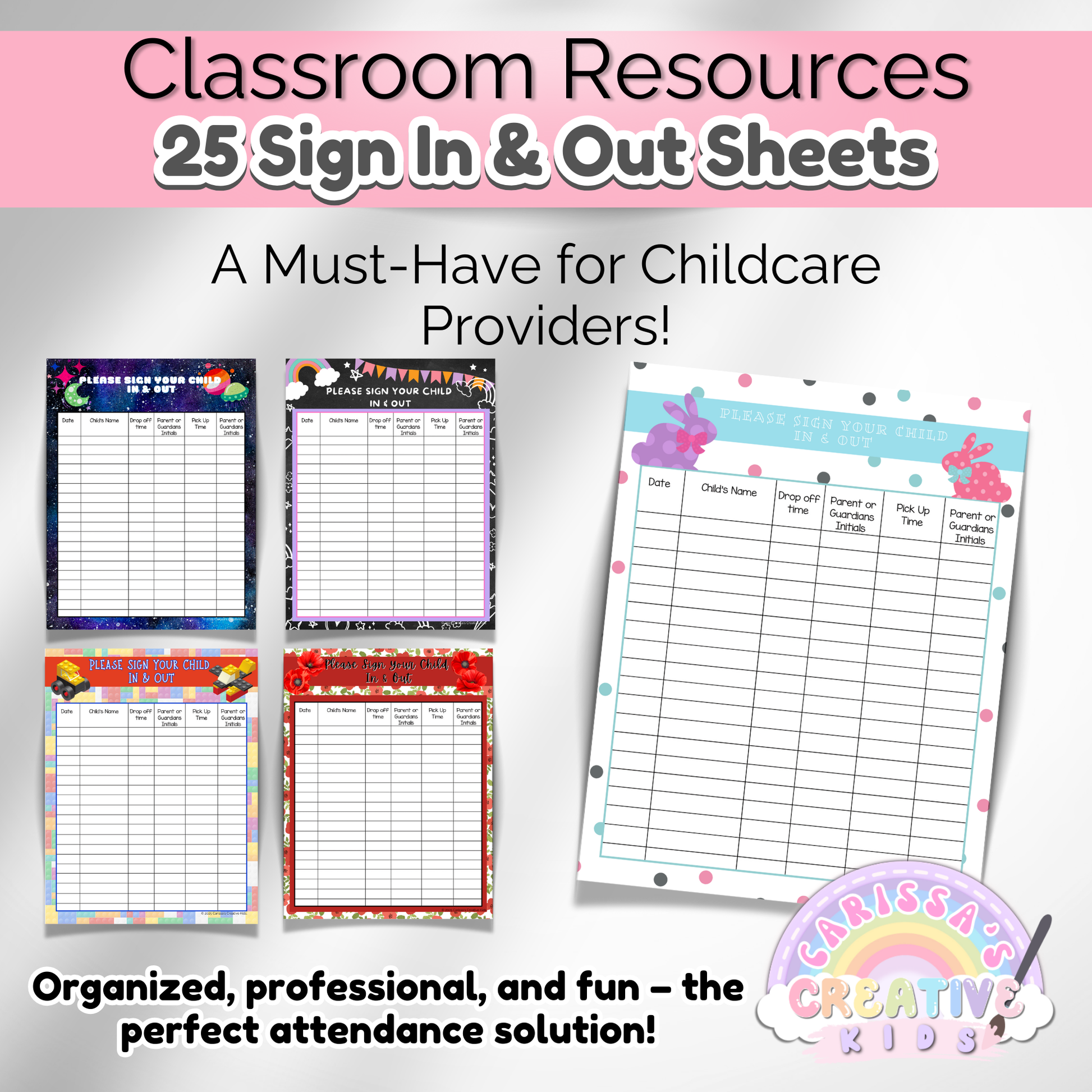 A preview of 5 colorful preschool sign-in sheets, designed to make attendance tracking fun and easy for parents and teachers. Each sheet features a unique theme and ample writing space.