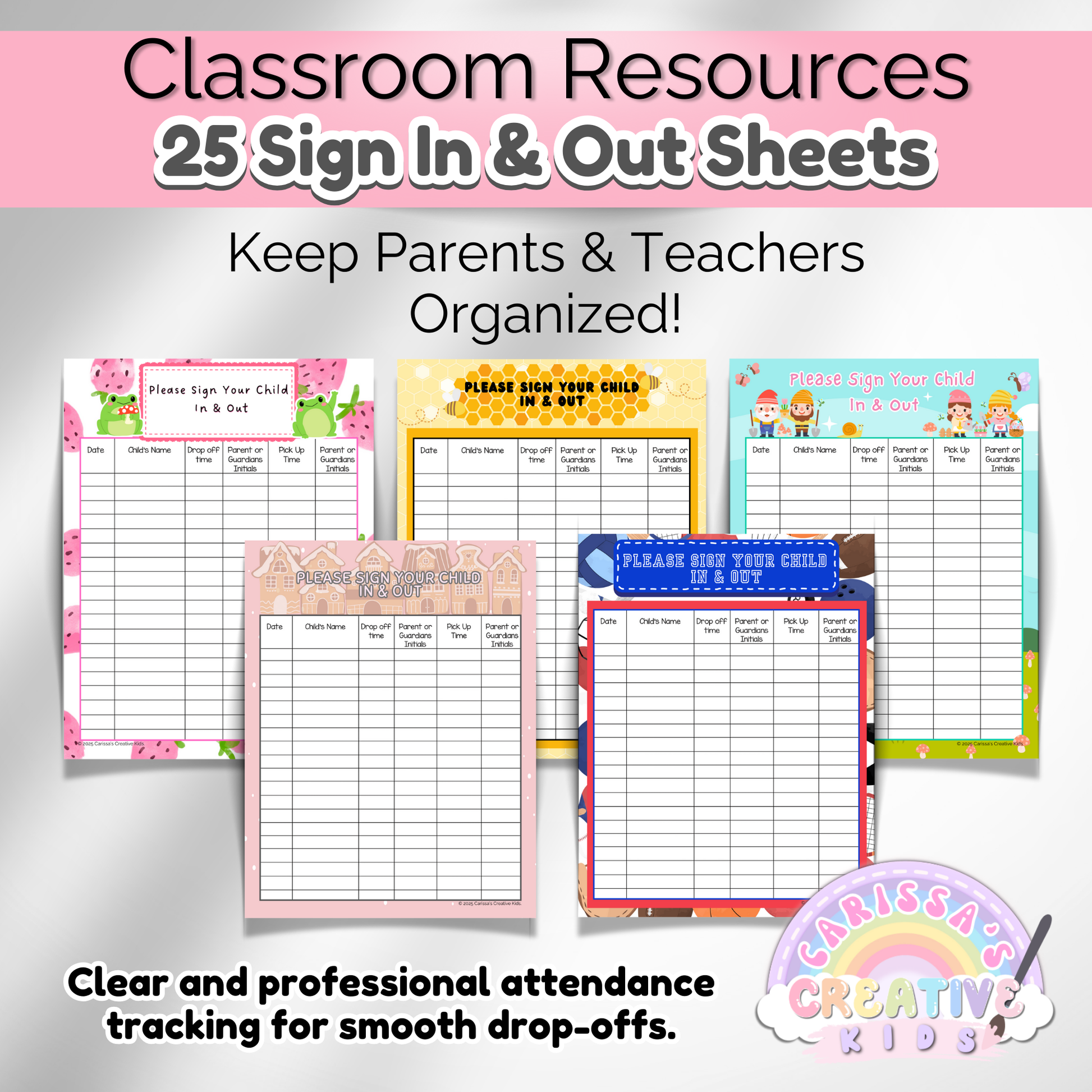 A set of 5 different printable sign-in sheets, each featuring a cheerful and engaging design. Perfect for daycares, preschools, and after-school programs to keep attendance records organized.