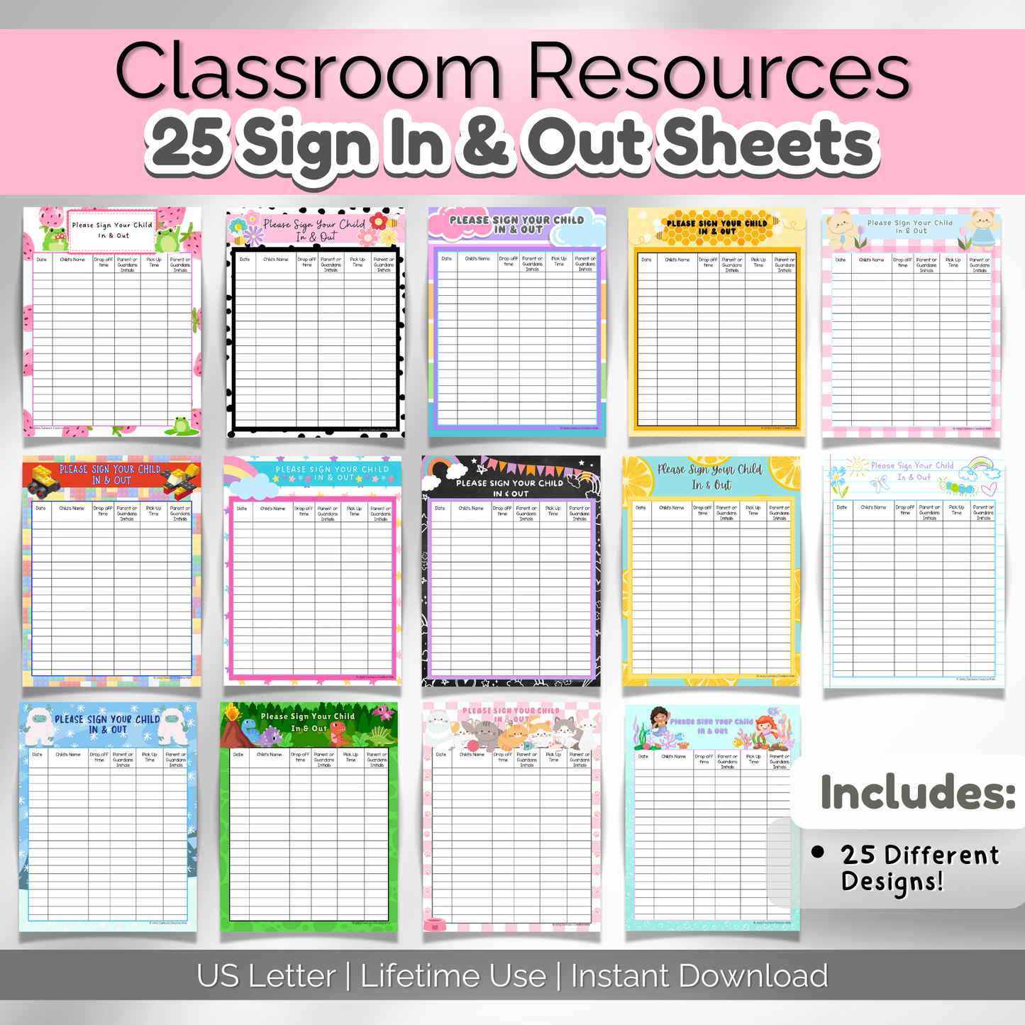 A spread of 14 daycare sign-in sheets featuring colorful and engaging designs, including dinosaurs, space, mermaids, sports, rainbows, and more. Each sheet has organized spaces for parent signatures and attendance tracking.