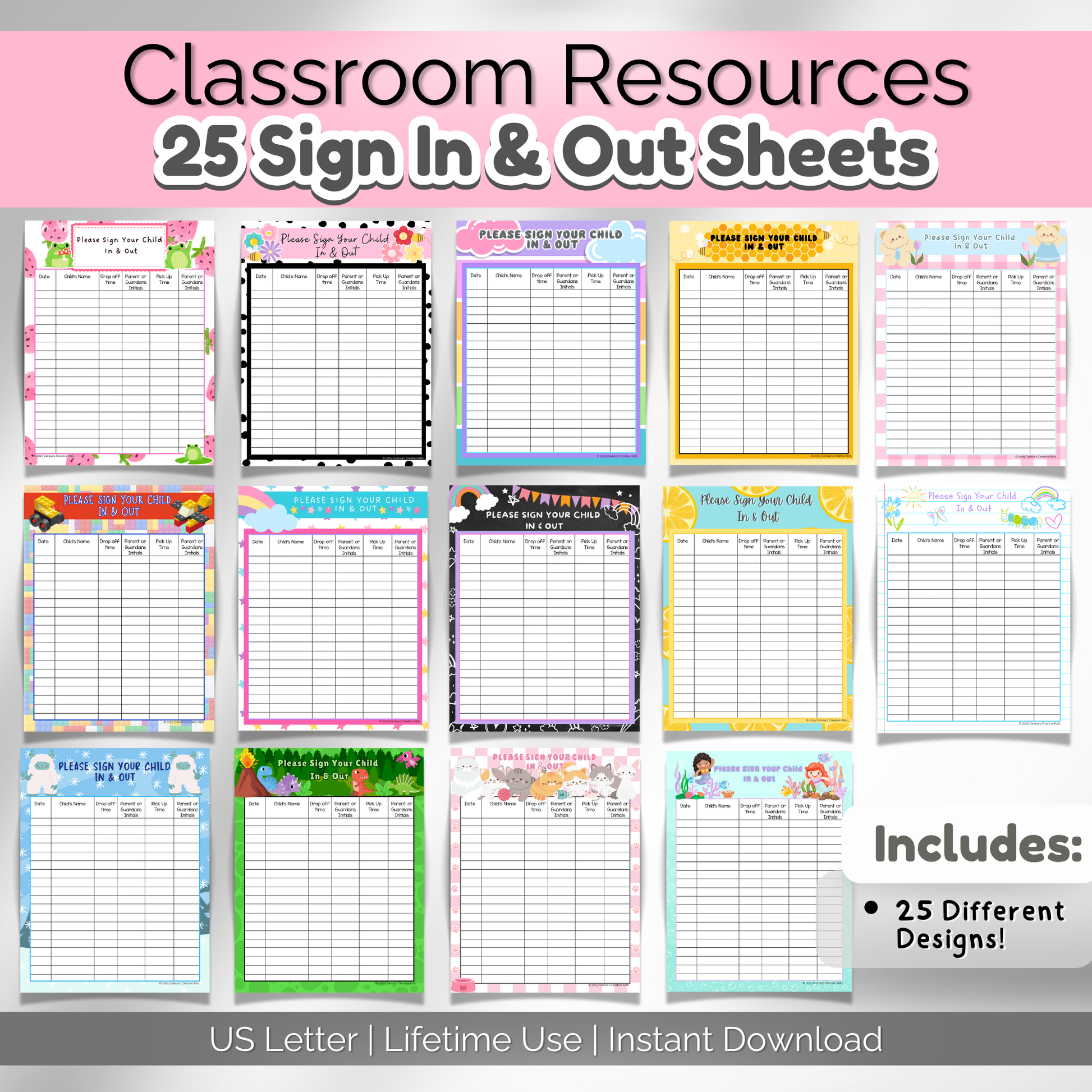A spread of 14 daycare sign-in sheets featuring colorful and engaging designs, including dinosaurs, space, mermaids, sports, rainbows, and more. Each sheet has organized spaces for parent signatures and attendance tracking.