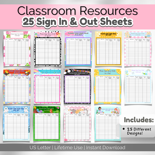 A spread of 14 daycare sign-in sheets featuring colorful and engaging designs, including dinosaurs, space, mermaids, sports, rainbows, and more. Each sheet has organized spaces for parent signatures and attendance tracking.
