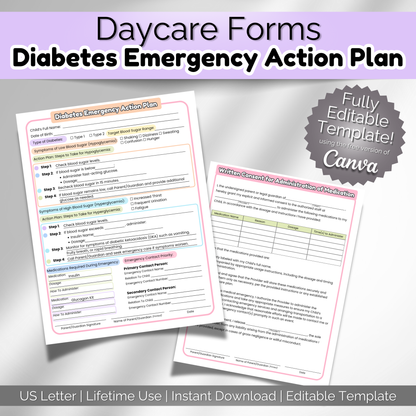 Diabetes Emergency Action Plan forms for daycare and preschool – includes editable PDF and Canva template to document emergency care, symptoms, and medication for children with diabetes.
