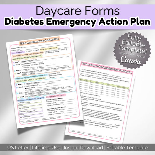 Diabetes Emergency Action Plan forms for daycare and preschool – includes editable PDF and Canva template to document emergency care, symptoms, and medication for children with diabetes.