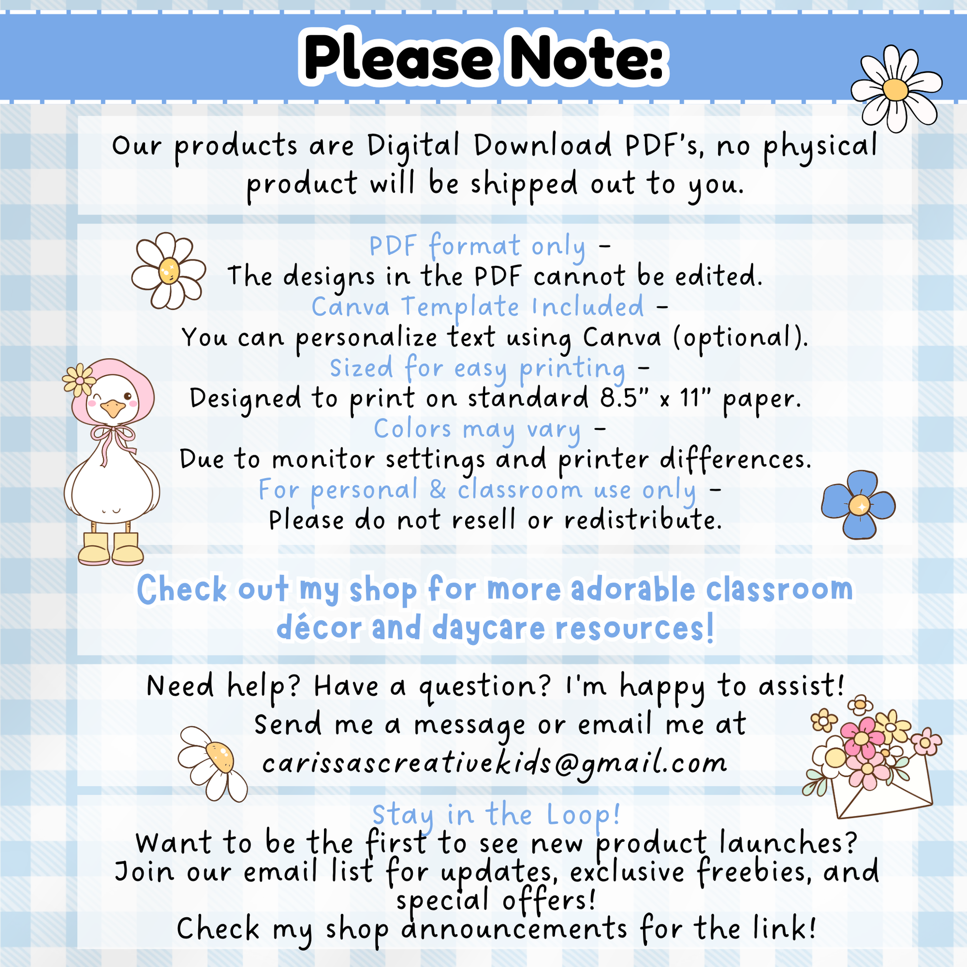 This image clearly outlines digital download details for the Silly Goose Number Line resource, including format (PDF), printing size (8.5" x 11"), and editable Canva template access. It also includes important disclaimers on color variation, personal use licensing, and no physical item shipping. Designed to reassure and inform busy educators purchasing classroom printables.