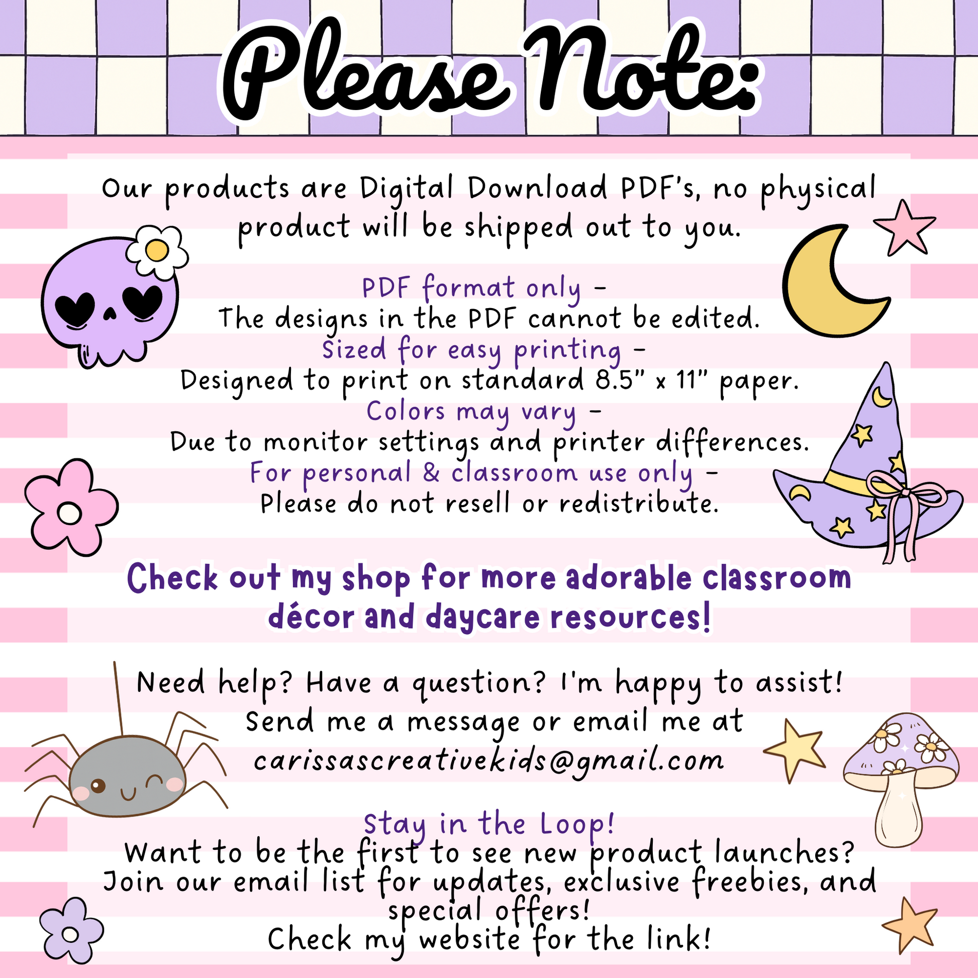 Digital download disclaimer for Halloween classroom bulletin board kit. Clarifies no physical product will be shipped, includes format, printing, and color information. Perfect for Etsy or Teachers Pay Teachers listings of printable classroom decor.