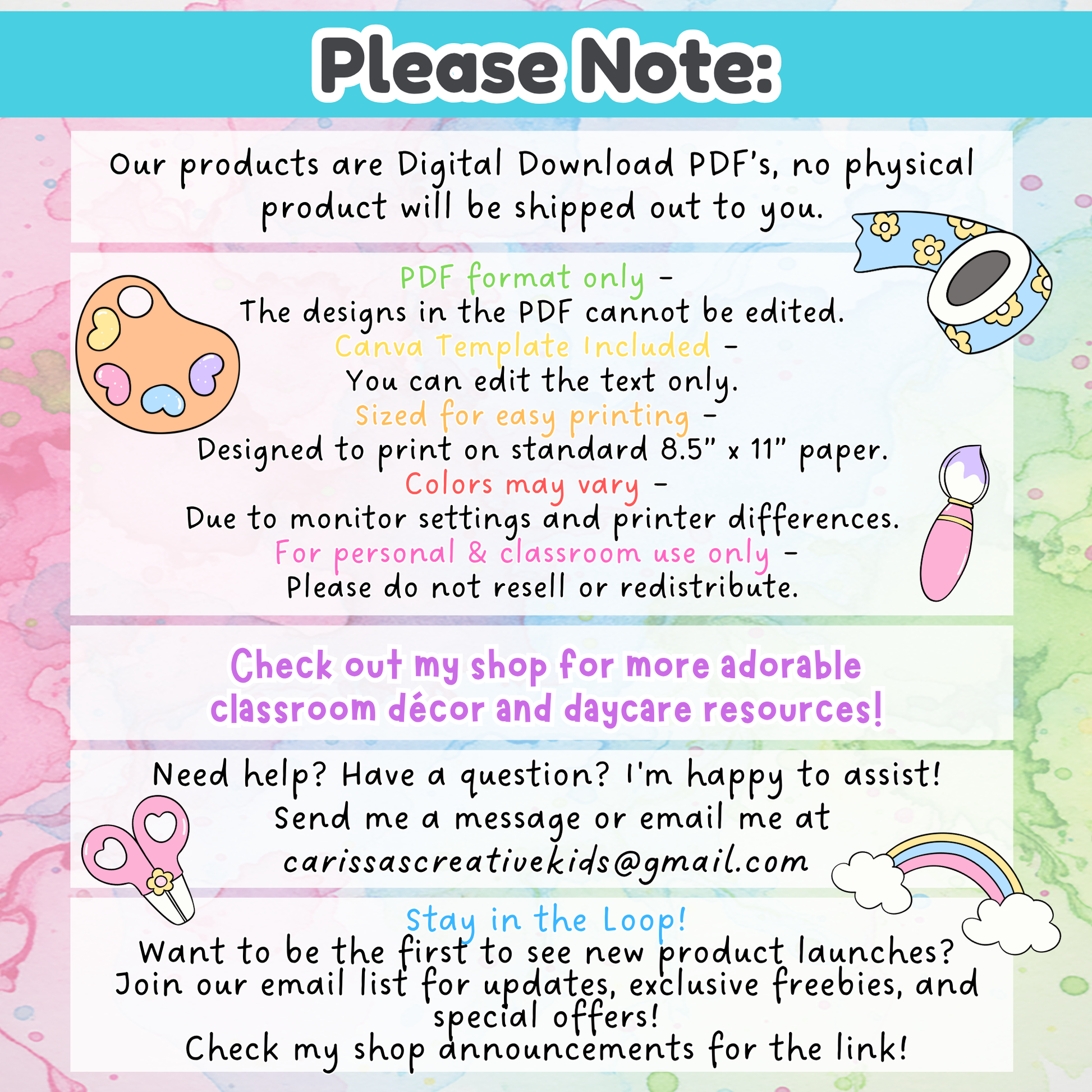 Important notes for the 2026 handprint calendar digital download, including PDF format details, Canva template access, printing tips, and color disclaimer. Highlights use for personal and classroom preschool crafts.