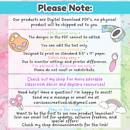 Important notes for the 2026 handprint calendar digital download, including PDF format details, Canva template access, printing tips, and color disclaimer. Highlights use for personal and classroom preschool crafts.