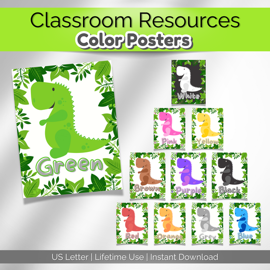 Dinosaur classroom decor color posters featuring fun Jurassic designs. Perfect for preschool, daycare, and playroom decor.