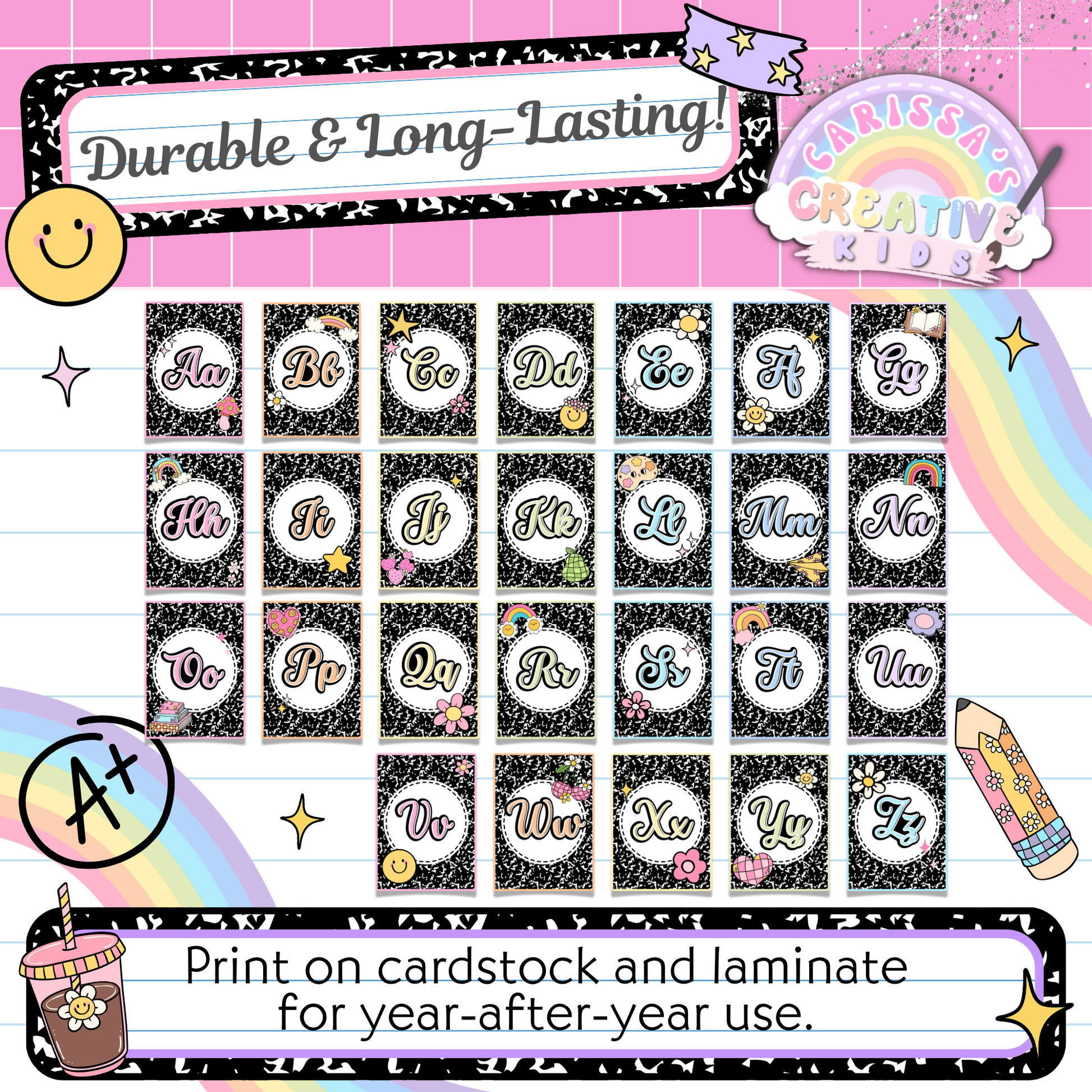 Alphabet posters displayed with a tip to print on cardstock and laminate for durability. Designed for long-lasting classroom use in preschool, kindergarten, daycare, or homeschool spaces. Great for bulletin boards and early literacy centers.