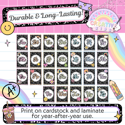Alphabet posters displayed with a tip to print on cardstock and laminate for durability. Designed for long-lasting classroom use in preschool, kindergarten, daycare, or homeschool spaces. Great for bulletin boards and early literacy centers.