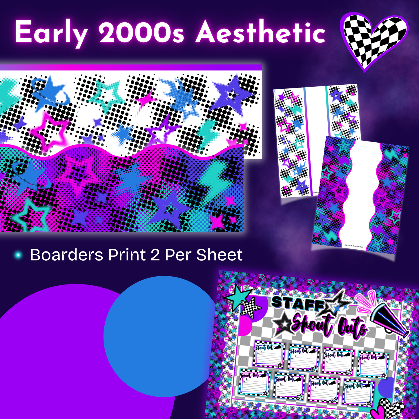 Early 2000s aesthetic Staff Shout Out Bulletin Board Kit with neon retro borders, star patterns, staff appreciation display pieces, and printable classroom or office wall decor.
