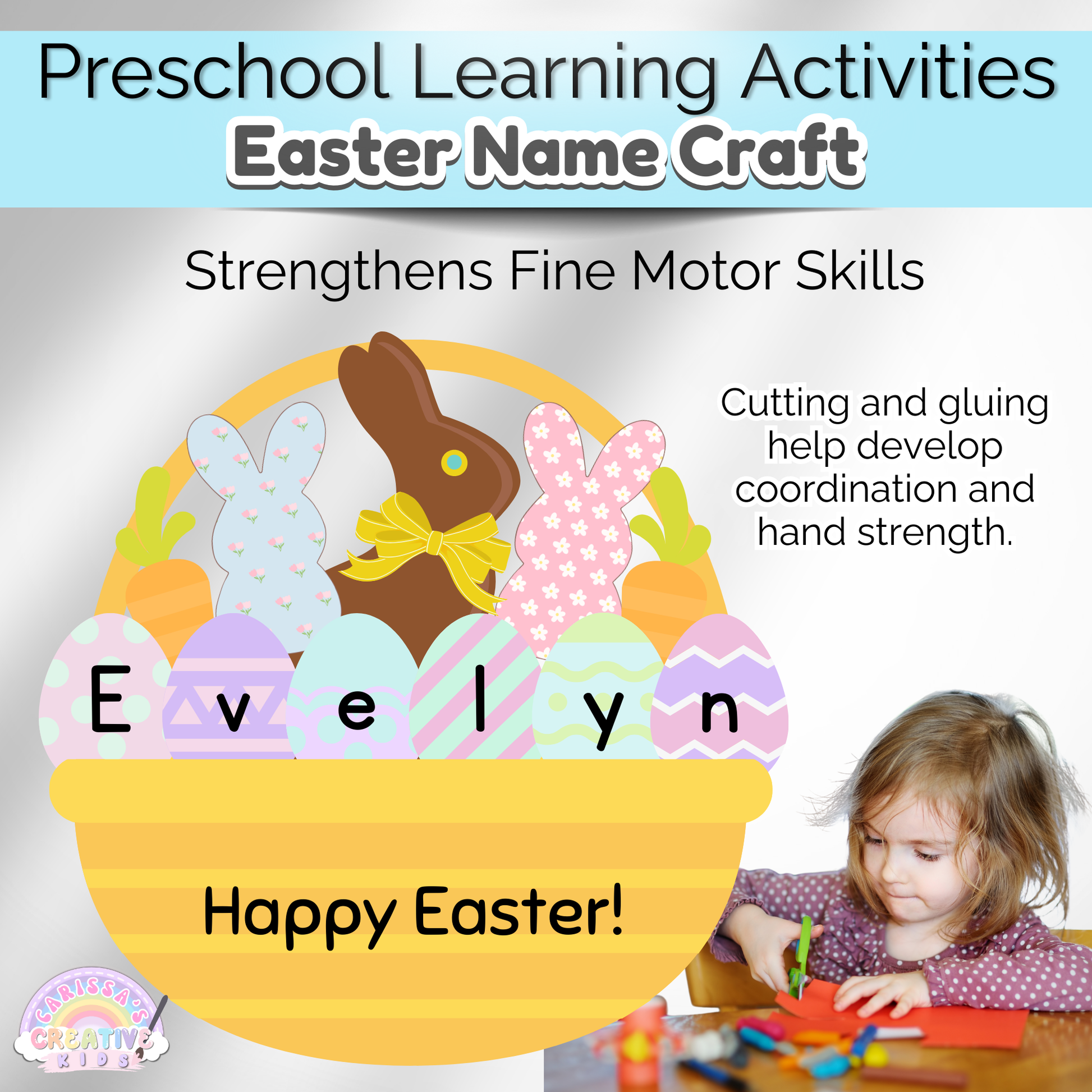 Fine motor skills booster! Cutting and gluing strengthen little hands in this Easter name craft activity.
