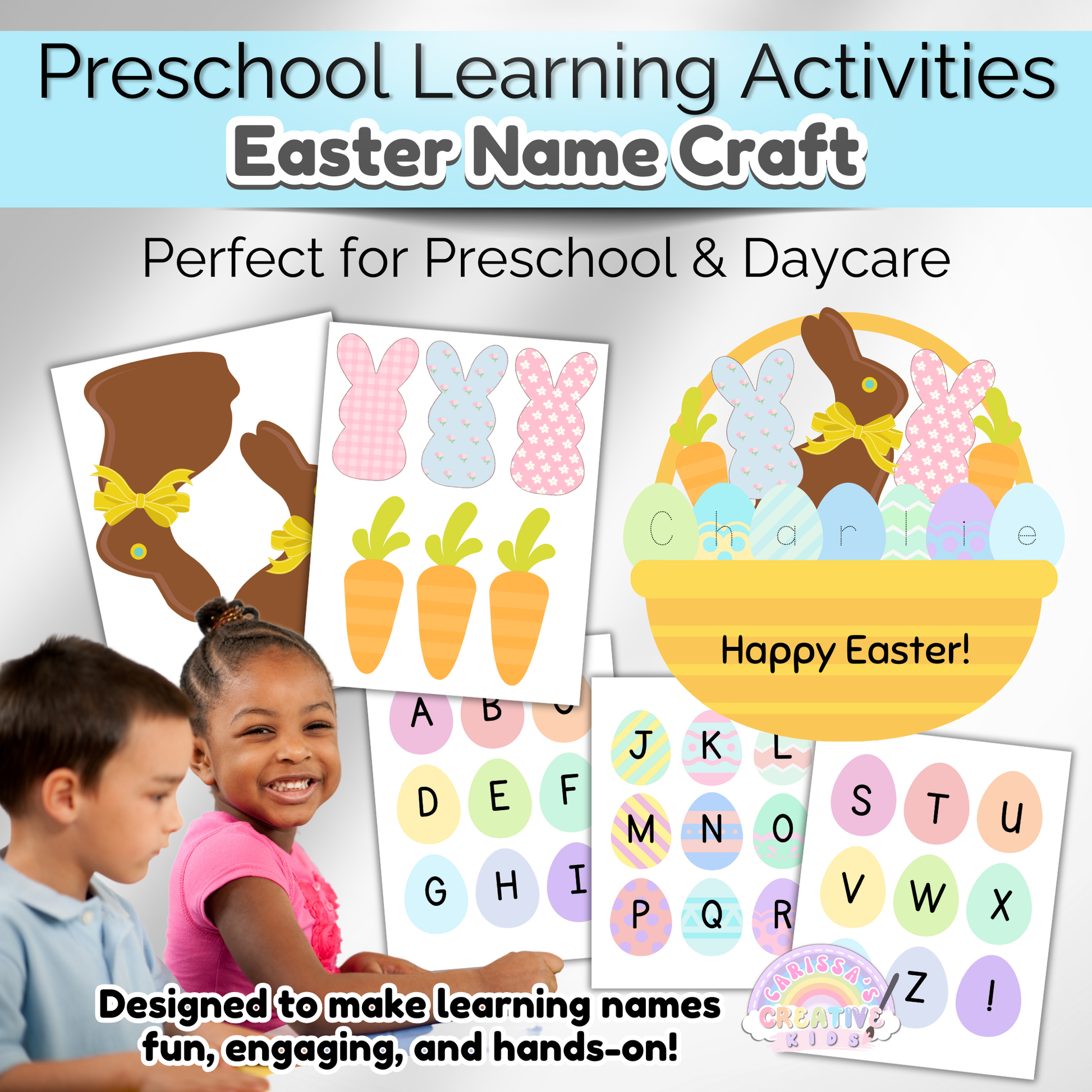 Solid and traceable letter options help preschoolers develop early writing skills with this Easter name activity.