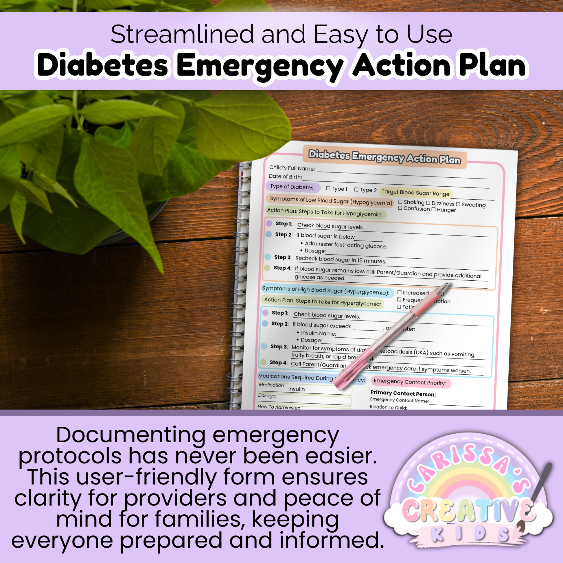 Easy-to-use Diabetes Emergency Plan form for in-home daycare or preschool—provides emergency protocols, clarity for providers, and peace of mind for families.