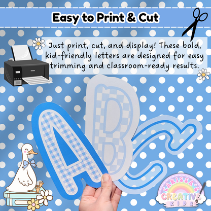 Printable blue bulletin board letters shown being cut and held. Designed for quick classroom setup—just print, cut, and display. Kid-friendly font ideal for bulletin board decor, door decorations, and classroom themes. Coordinates with Silly Goose Decor and preschool settings.