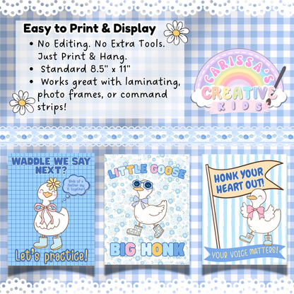 Three printable silly goose speech therapy posters shown with a lace and gingham background, highlighting easy print-and-display features like 8.5" x 11" sizing, no editing required, and compatibility with laminating, frames, or command strips.