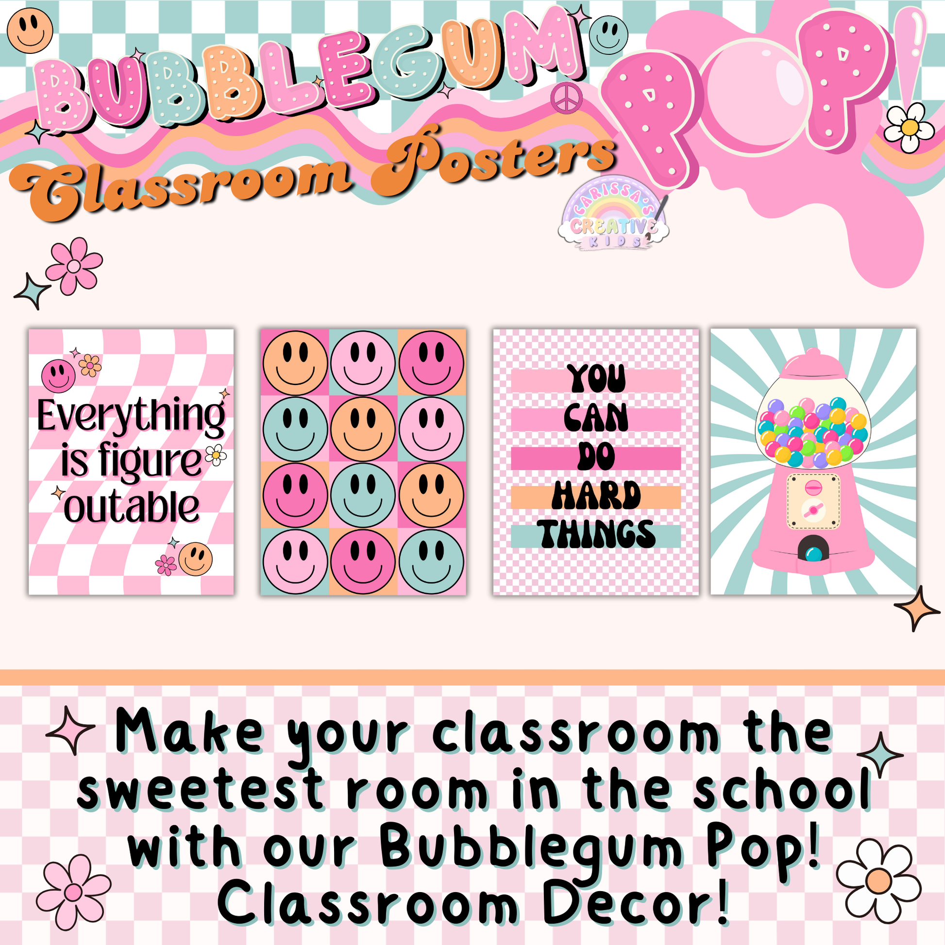 A collection of retro-themed educational posters in pink, blue, yellow, and pastel tones, perfect for teachers looking for groovy classroom decor.