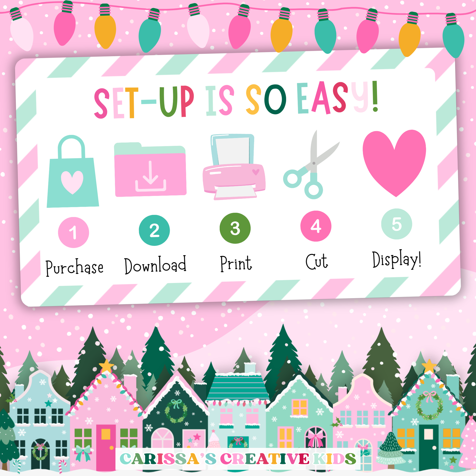 Step-by-step setup graphic for the printable Christmas Feud game, showing how to purchase, download, print, cut, and display. Features festive pastel icons and a cozy holiday village background for classroom or party use.