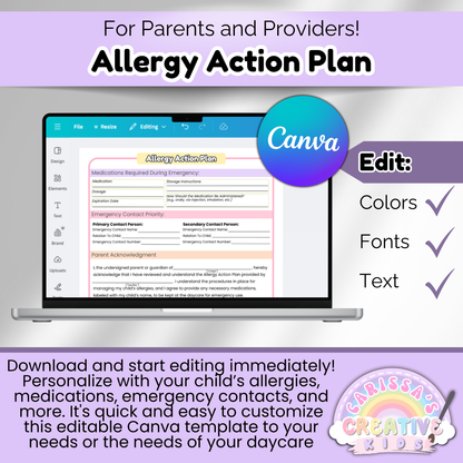 Editable Canva allergy action plan form shown on a laptop screen. Highlights ability to customize text, fonts, and colors for daycare or home use. Designed for parents and providers to personalize allergy emergency plans.
