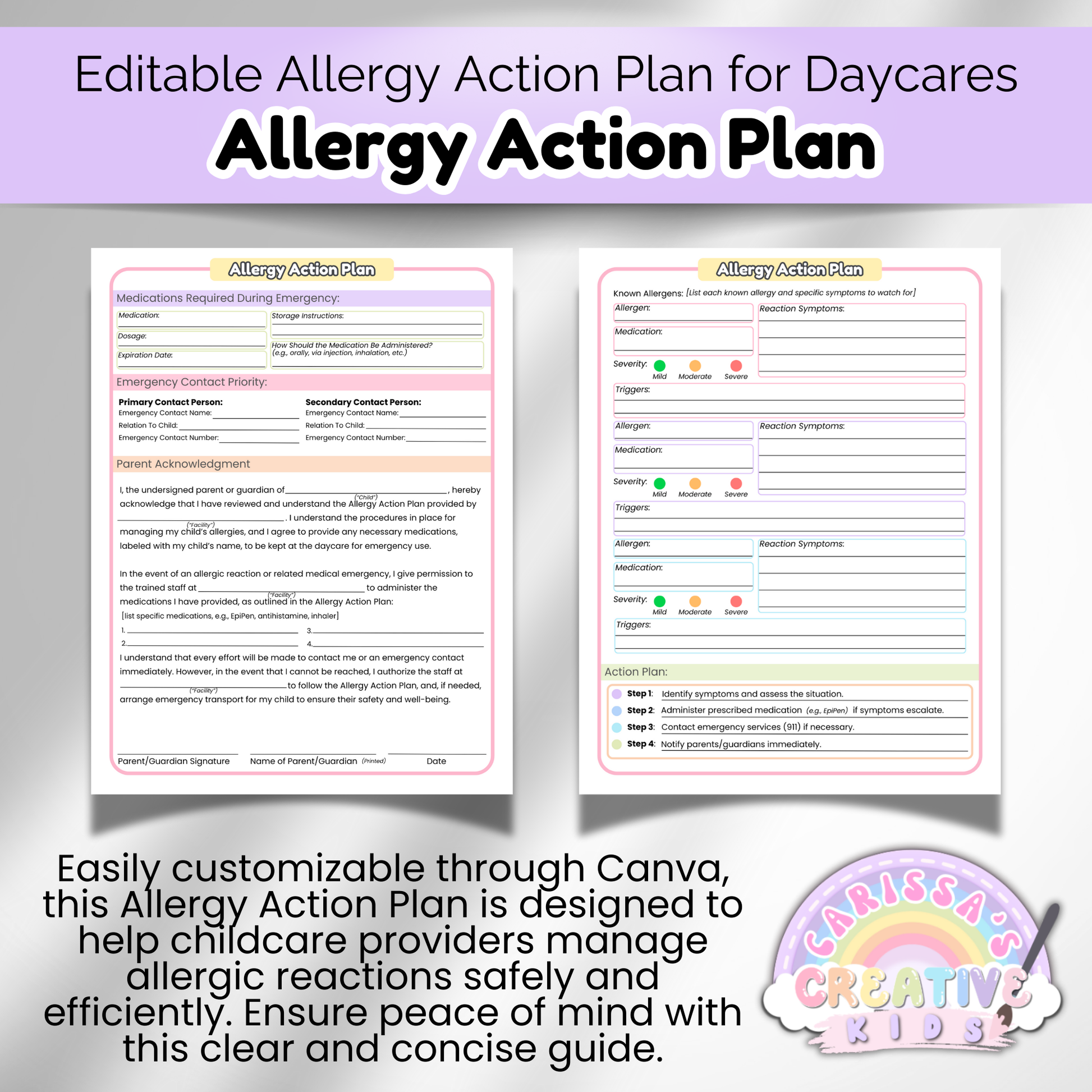Editable allergy action plan preview image showing printable medical form for daycare providers. Two-page form includes medication details, emergency contacts, and allergy symptoms. Customizable through Canva and designed to manage allergic reactions with EpiPen steps.