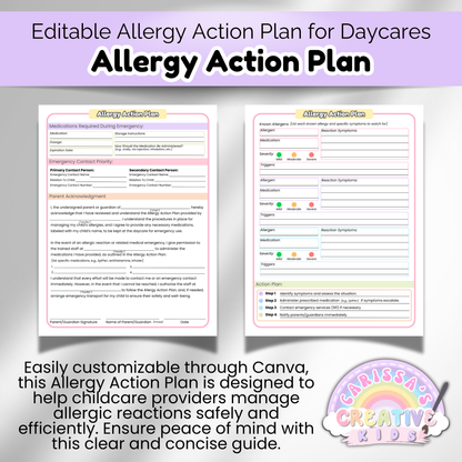 Editable allergy action plan preview image showing printable medical form for daycare providers. Two-page form includes medication details, emergency contacts, and allergy symptoms. Customizable through Canva and designed to manage allergic reactions with EpiPen steps.