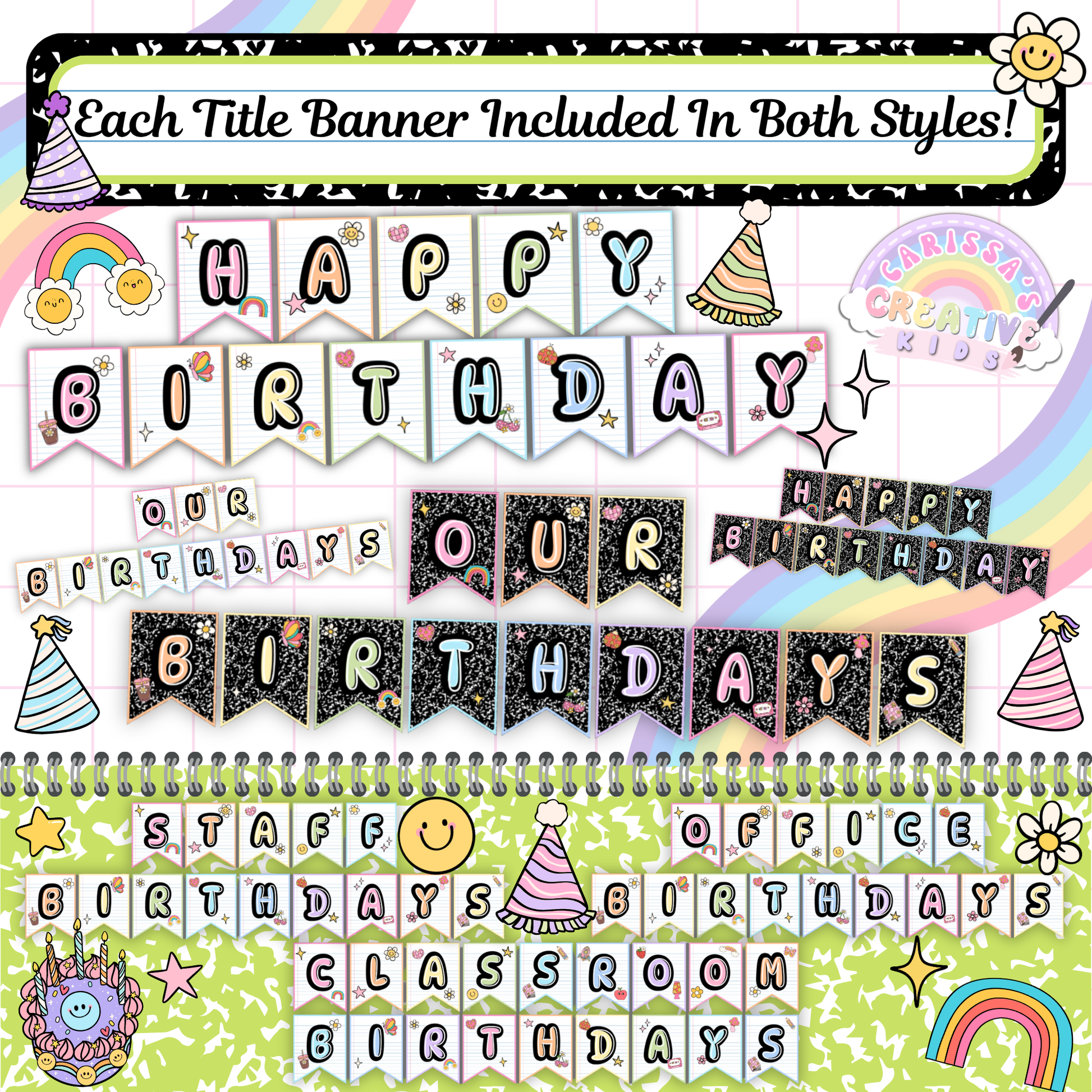 Editable birthday board banners with multiple phrases like “Happy Birthday” and “Our Birthdays” in both lined and chalkboard styles. A fun, flexible addition to your classroom birthday chart or preschool bulletin board setup.