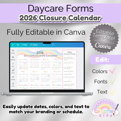 Editable 2026 daycare closure calendar open in Canva editor. Customize text, fonts, and colors to match your daycare or preschool branding. One-page printable calendar includes holiday closure dates and is perfect for infant room or preschool parent communication.