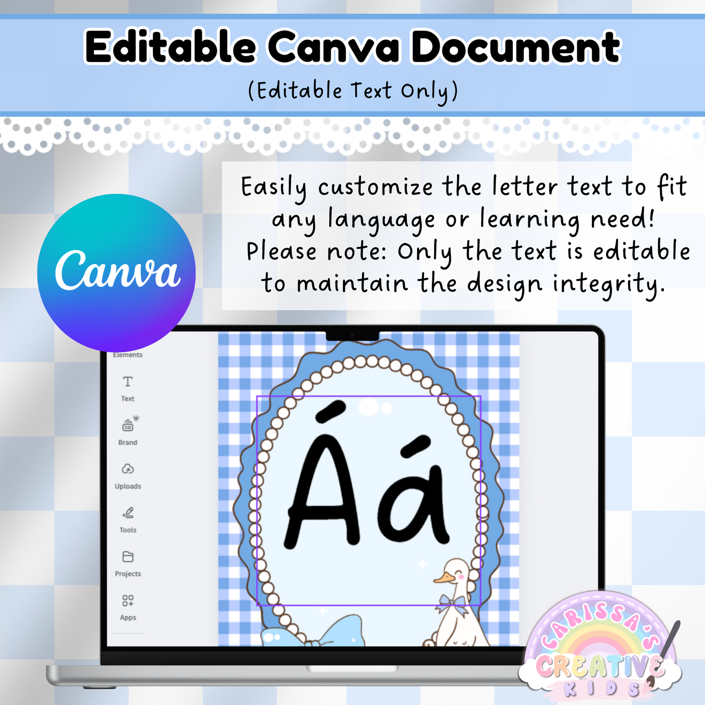 Editable Canva template for silly goose alphabet posters shown on a laptop screen, allowing users to customize letter text for different languages while maintaining vintage classroom design.