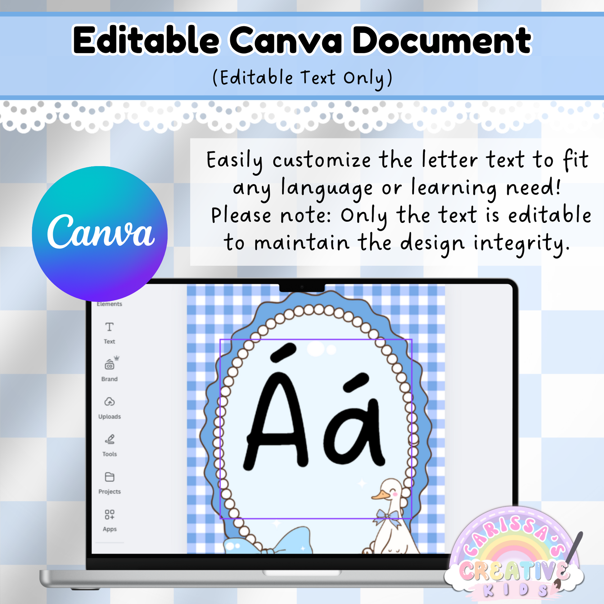 Editable Canva template for silly goose alphabet posters shown on a laptop screen, allowing users to customize letter text for different languages while maintaining vintage classroom design.