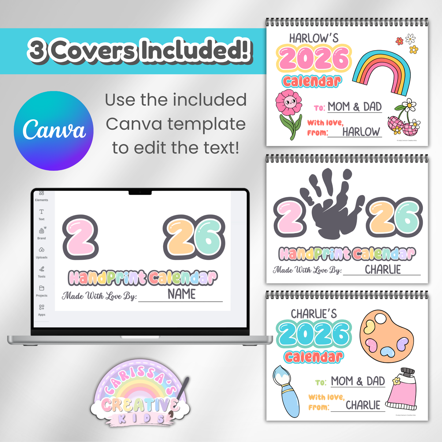 Editable 2026 handprint calendar covers shown in Canva with 3 fun design options for kids. Personalize your baby keepsake or preschool craft gift using the included Canva template.