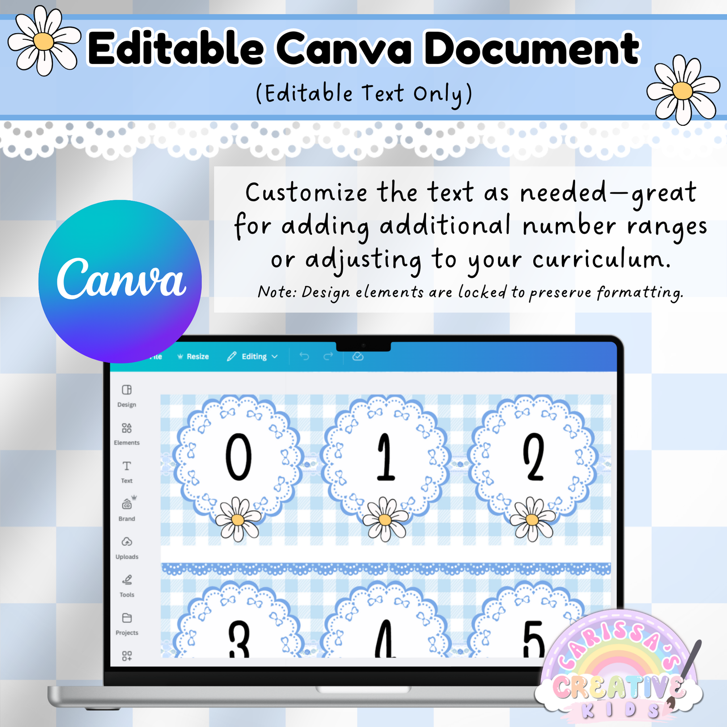 This image features the editable Canva version of the Silly Goose Number Line, allowing educators to customize number text while maintaining the playful, vintage design. Ideal for adapting number ranges to suit curriculum needs, this resource offers editable text only with design elements locked to preserve formatting—perfect for personalized math visuals in any learning space.