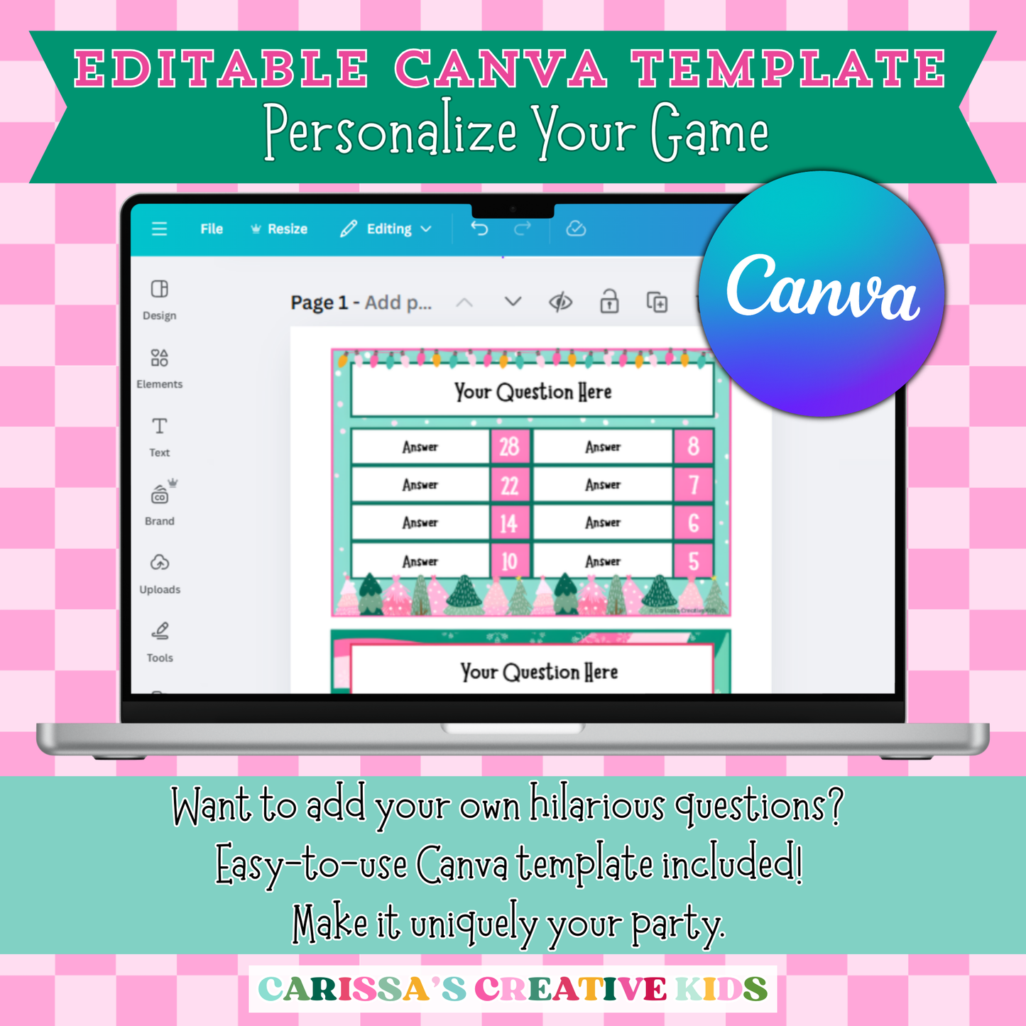 Editable Canva template for Christmas Feud game displayed on a laptop screen. Allows users to personalize and add their own questions with a fun, festive design—perfect for making your holiday party game unique and custom.