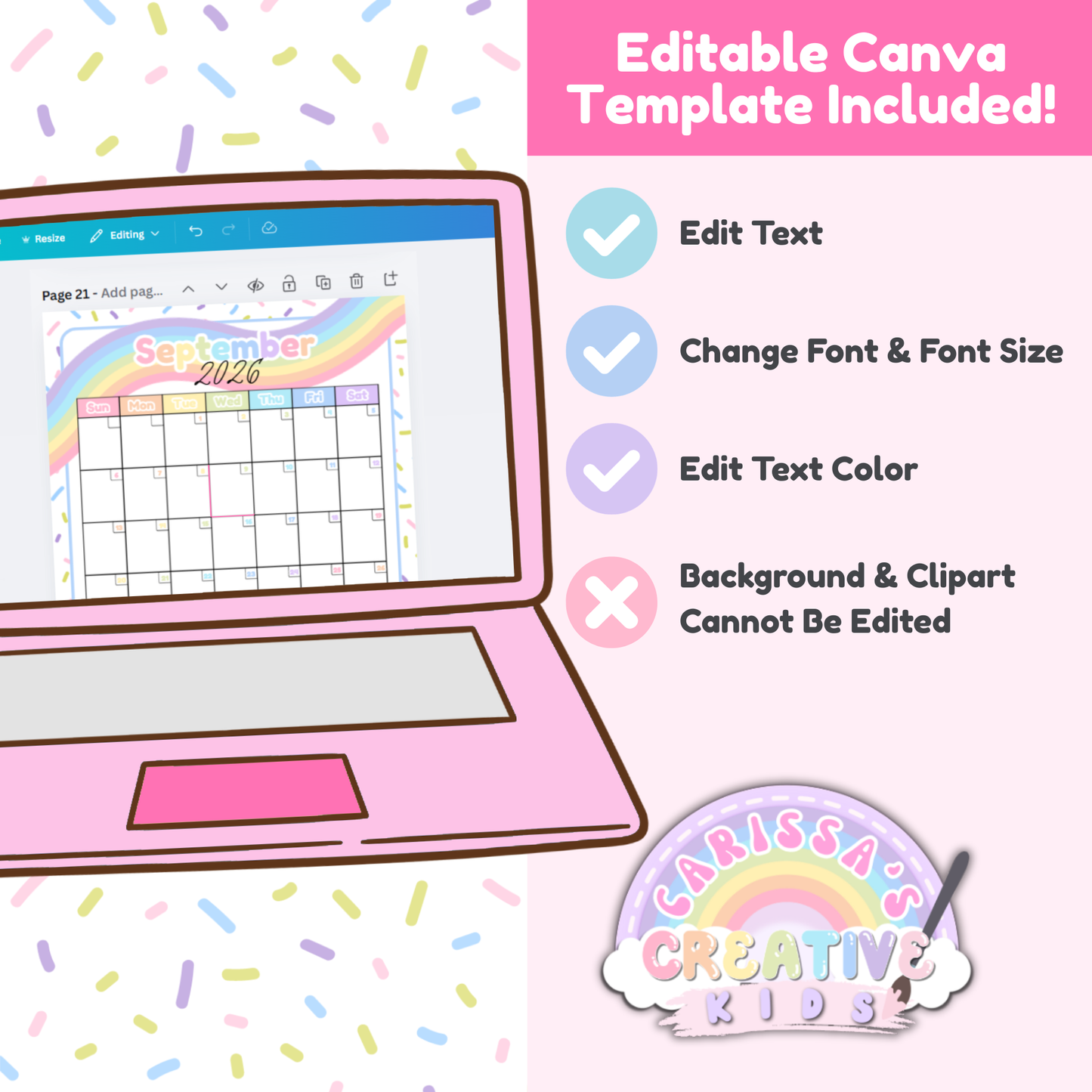 Editable Canva template preview for the Confetti Rainbow 2026–2027 printable teacher calendar, showing text-only editing so users can type important dates before printing (monthly calendar pages, US Letter).