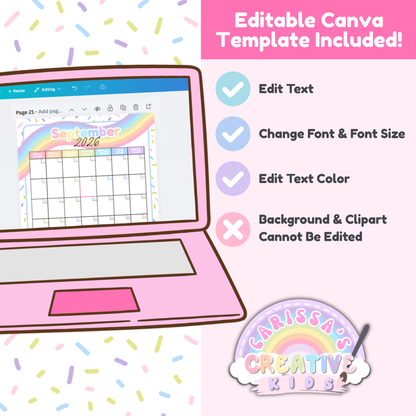 Editable Canva template preview for the Confetti Rainbow 2026–2027 printable teacher calendar, showing text-only editing so users can type important dates before printing (monthly calendar pages, US Letter).
