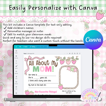 This Mother’s Day printable gift kit includes a text-editable Canva template, allowing teachers to personalize names, messages, or classroom details. Designed for preschool, daycare, and kindergarten, the Canva version makes it easy to customize without needing any design experience. Perfect for providers looking to create thoughtful, customized Mother’s Day keepsakes with minimal effort. Quick to edit and ready to print.