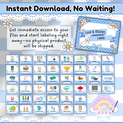 Image showing printable classroom food and kitchen labels from the Silly Goose collection, featuring pastel blue gingham backgrounds and editable Canva templates. Labels include items like bowls, snacks, fridge, kitchen tools, and more. Instant access digital download—ideal for organizing preschool, daycare, and homeschool kitchen areas.