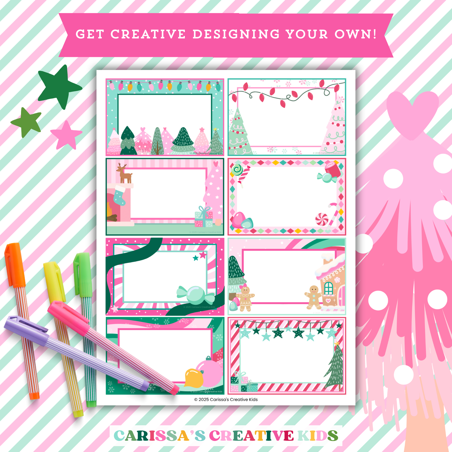 Blank Christmas charades cards with colorful borders and festive illustrations for custom holiday party game ideas. Includes 8 editable templates with trees, gifts, lights, and gingerbread scenes. Perfect for adding personalized prompts for family, classroom, or office party fun.