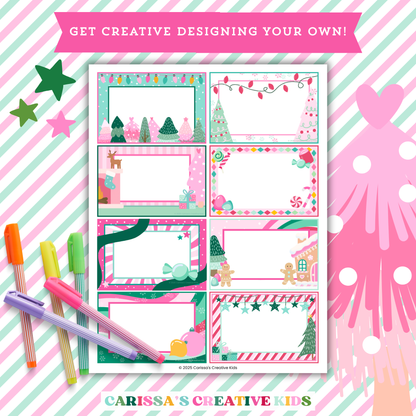 Blank Christmas charades cards with colorful borders and festive illustrations for custom holiday party game ideas. Includes 8 editable templates with trees, gifts, lights, and gingerbread scenes. Perfect for adding personalized prompts for family, classroom, or office party fun.