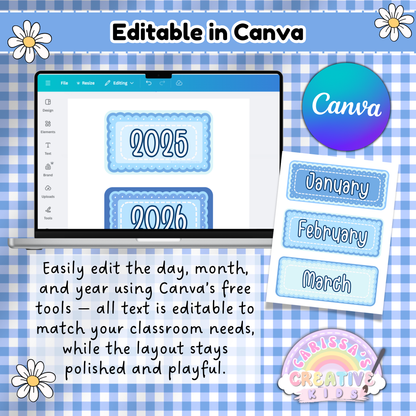 Editable Classroom Flip Calendar in Canva – Customize Day, Month, and Year Cards Using Free Canva Tools with Blue Gingham Design