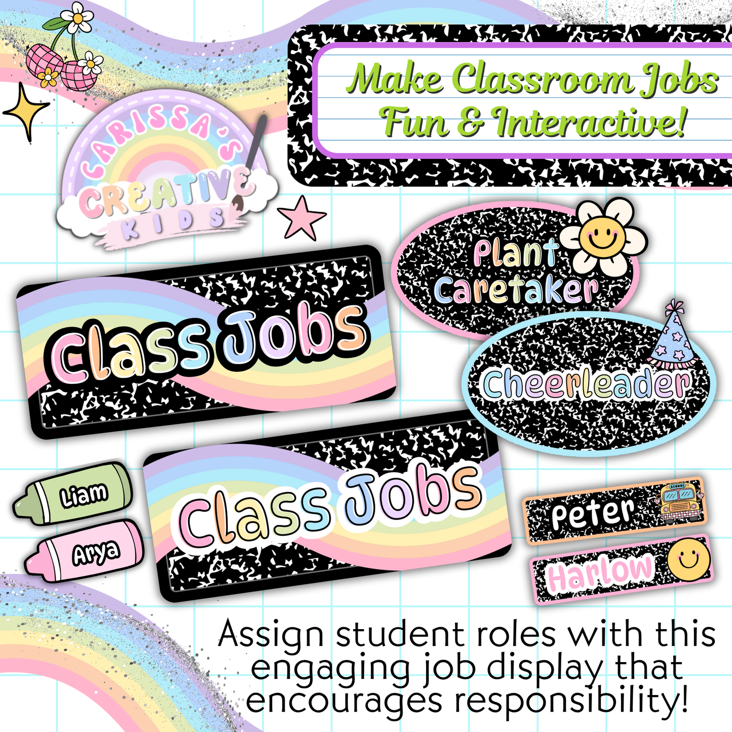 Fun and interactive classroom job display featuring editable name tags and role cards like “Plant Caretaker” and “Cheerleader.” Designed for preschool, kindergarten, or elementary classroom management, with bright pastel groovy classroom decor.