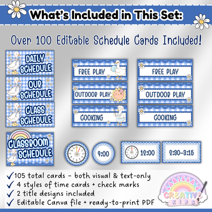 Overview of Silly Goose editable classroom schedule cards set, showing visual and text-only schedule cards, time cards, check marks, and 3 title designs for daily classroom routines.