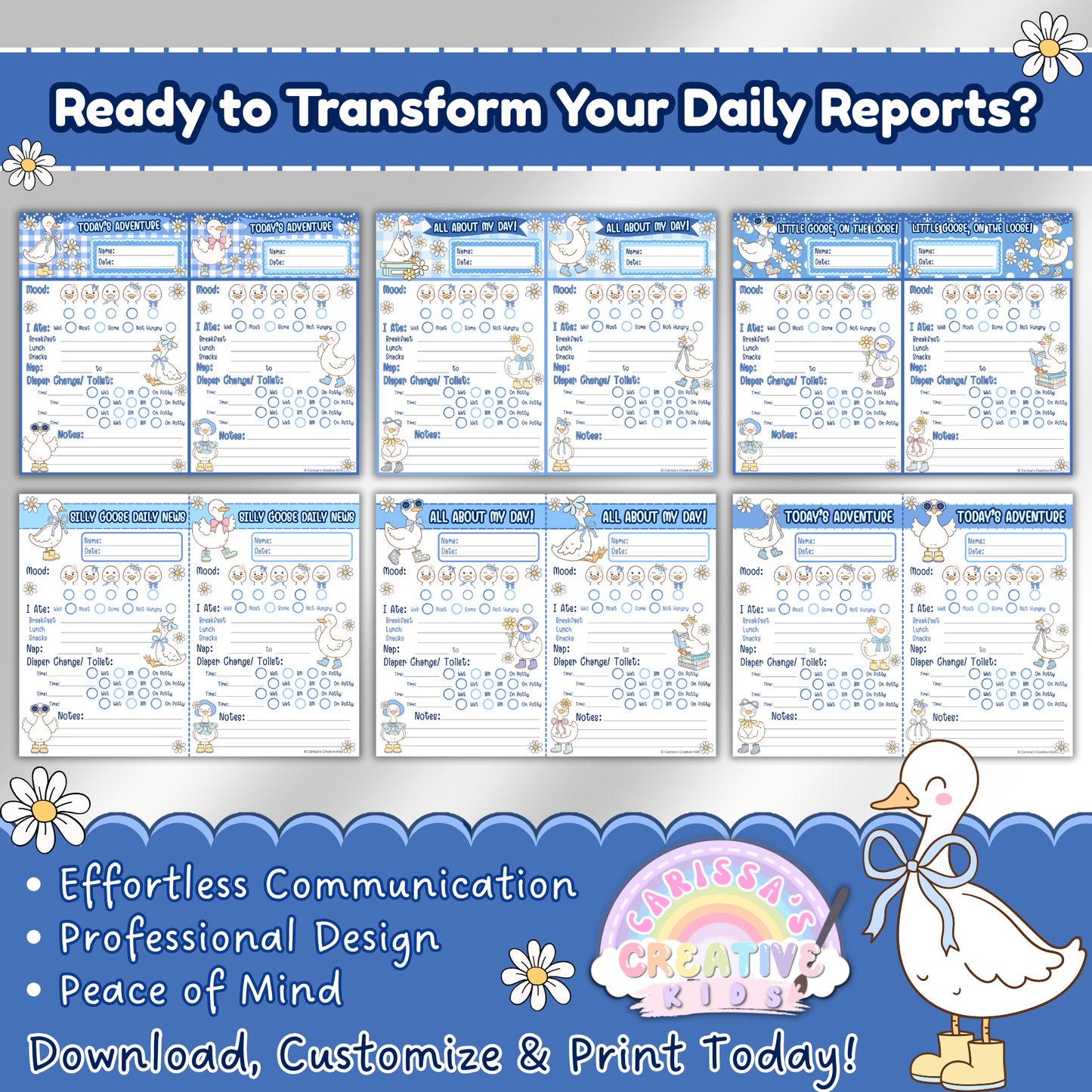 Preview of all 6 printable daycare daily report forms, each with two reports per page. Designed for infants, toddlers, and preschoolers to log meals, naps, diapers, mood, and notes. Editable template for easy customization in childcare or infant room settings.