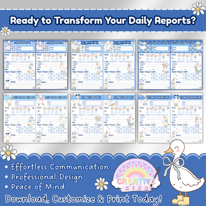 Preview of all 6 printable daycare daily report forms, each with two reports per page. Designed for infants, toddlers, and preschoolers to log meals, naps, diapers, mood, and notes. Editable template for easy customization in childcare or infant room settings.