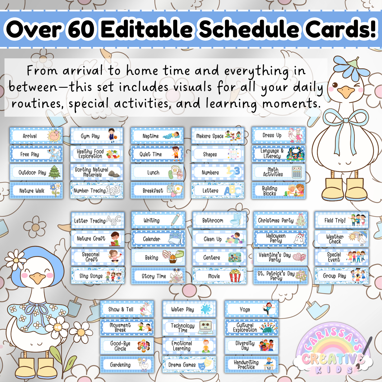 This image showcases a set of over 60 editable visual schedule cards designed for daycare and preschool classrooms. Each card includes a clear visual icon and text label representing daily routines, special activities, or transitions like lunch, circle time, clean up, and more. These Canva-editable cards are ideal for toddler and preschool classroom decor, helping children understand structure and routine.