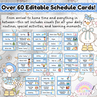 This image showcases a set of over 60 editable visual schedule cards designed for daycare and preschool classrooms. Each card includes a clear visual icon and text label representing daily routines, special activities, or transitions like lunch, circle time, clean up, and more. These Canva-editable cards are ideal for toddler and preschool classroom decor, helping children understand structure and routine.