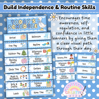 This visual highlights editable daily schedule cards tailored for toddlers and preschoolers. Featuring a cheerful “Today’s Schedule” header and illustrated cards, the resource supports time awareness, self-regulation, and routine-building by clearly showing each part of the day. Designed for early learners, it helps children gain confidence and independence by giving them a predictable and visual path to follow. Great for daycare, preschool, and early childhood settings.