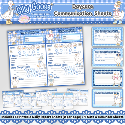 Main preview of editable daycare communication sheets for infants, toddlers, and preschoolers. Includes 6 printable daily report forms (2 per page) and 4 parent note and reminder sheets. Perfect for infant daily logs, baby care tracking, and childcare updates.